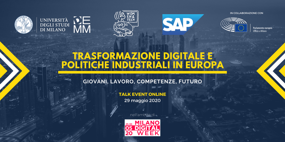 Poster per l'evento intitolato "Trasformazione digitale e politiche industriali in Europa"