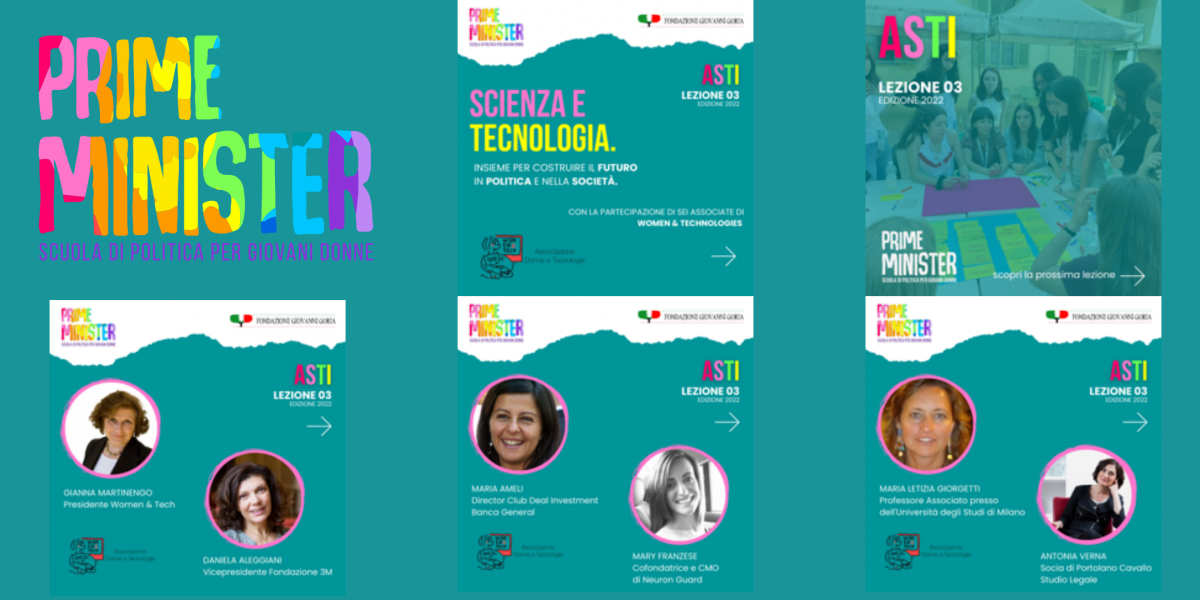 Poster per l'evento intitolato "Prime Minister: scuola di politica per giovani donne - Scienza e Tecnologia"