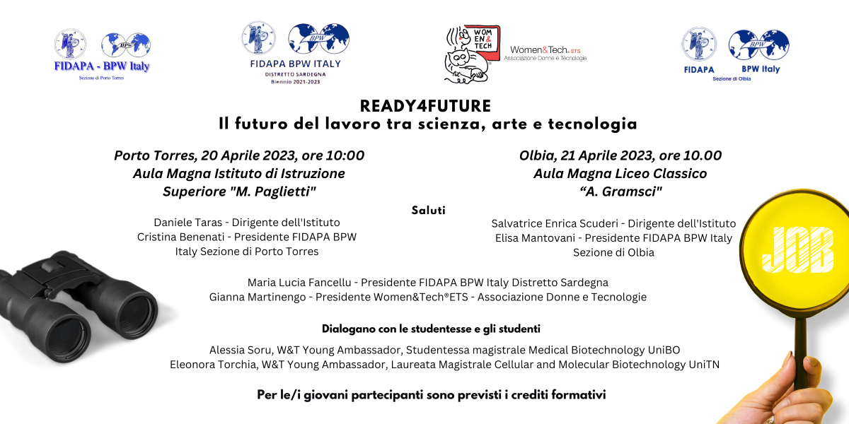 Poster per l'evento intitolato "Ready4Future: il futuro del lavoro tra scienza, arte e tecnologia"