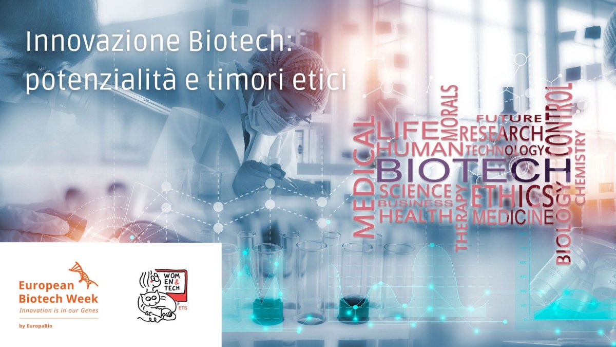 Poster per l'evento intitolato "Innovazione Biotech: potenzialità e timori etici"