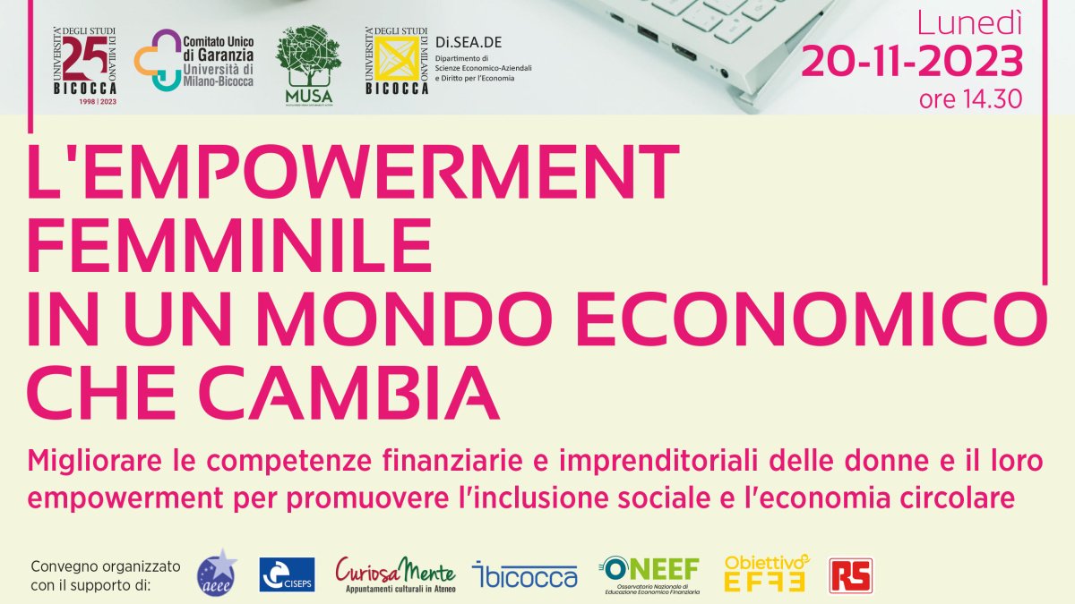 Poster per l'evento intitolato "L’empowerment femminile in un mondo economico che cambia"