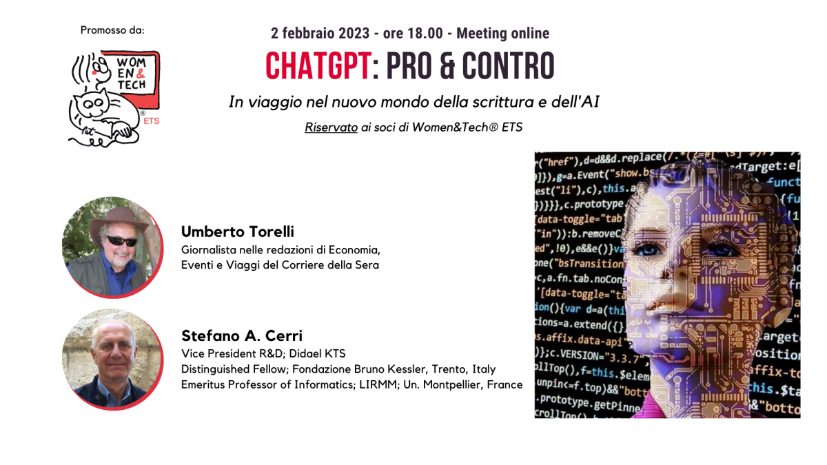 Poster per l'evento intitolato "ChatGPT: Pro & Contro"