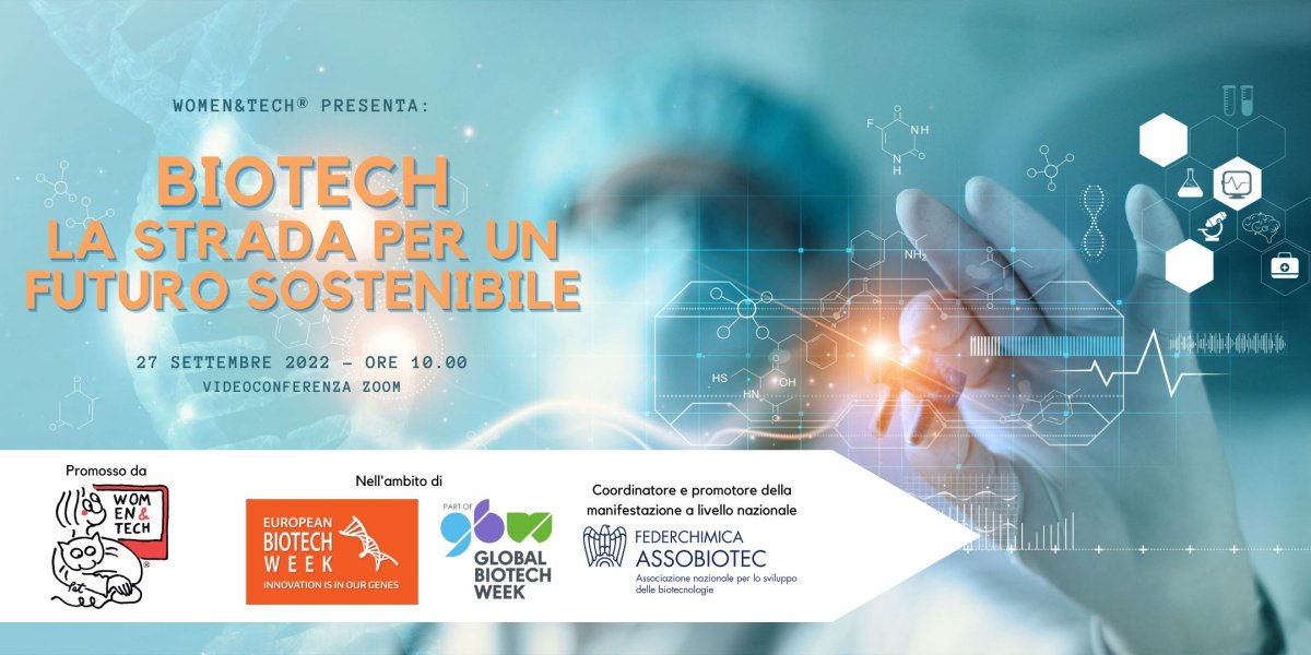 Poster per l'evento intitolato "Biotech: la strada verso un futuro sostenibile"