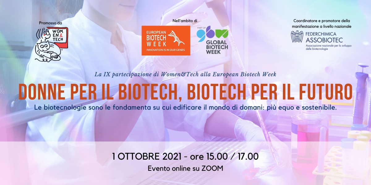 Poster per l'evento intitolato "Donne per il biotech, biotech per il futuro"