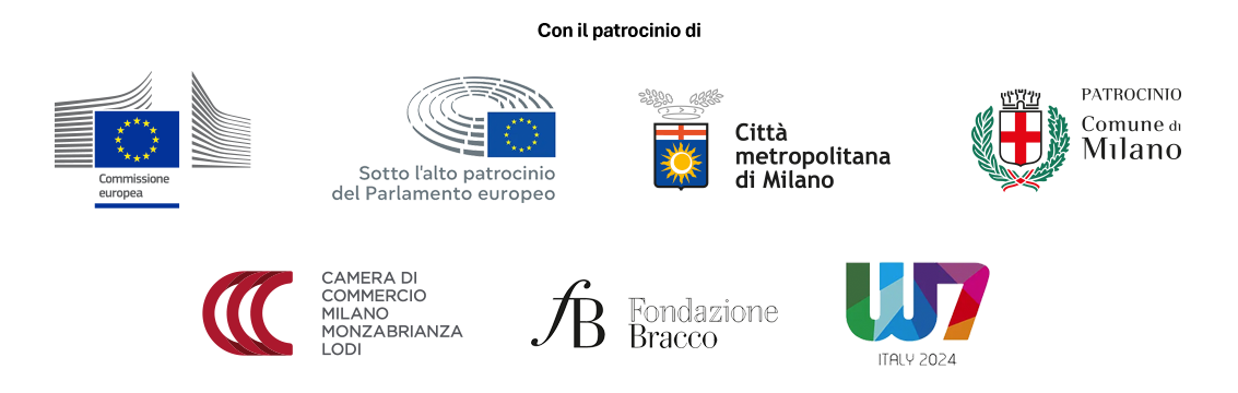 Sotto l'alto patrocinio del Parlamento Europeo. Con il patrocinio di Commissione Europea, Città Metropolitana di Milano, Comune di Milano, Camera di Commercio di Milano Monza Brianza e Lodi, Fondazione Bracco, Women7 Italy