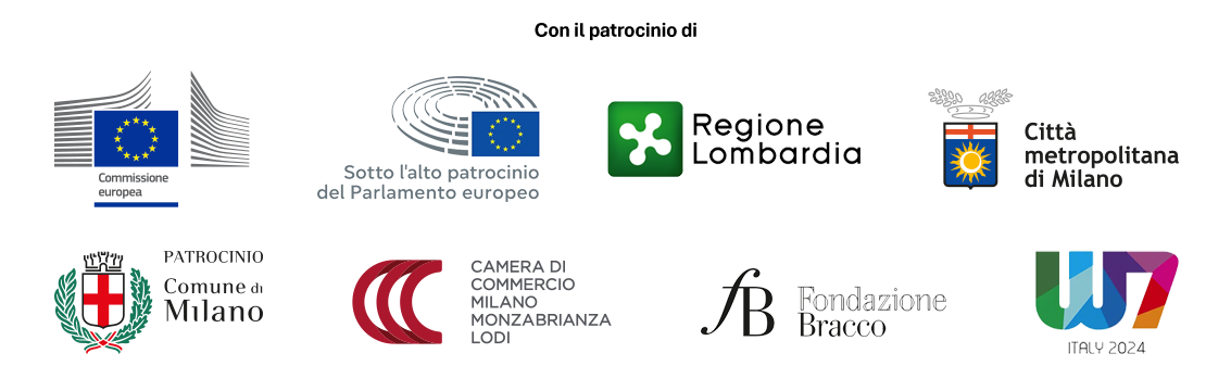 Sotto l'alto patrocinio del Parlamento Europeo. Con il patrocinio di Commissione Europea, Regione Lombardia, Città Metropolitana di Milano, Comune di Milano, Camera di Commercio di Milano Monza Brianza e Lodi, Fondazione Bracco, Women7 Italy